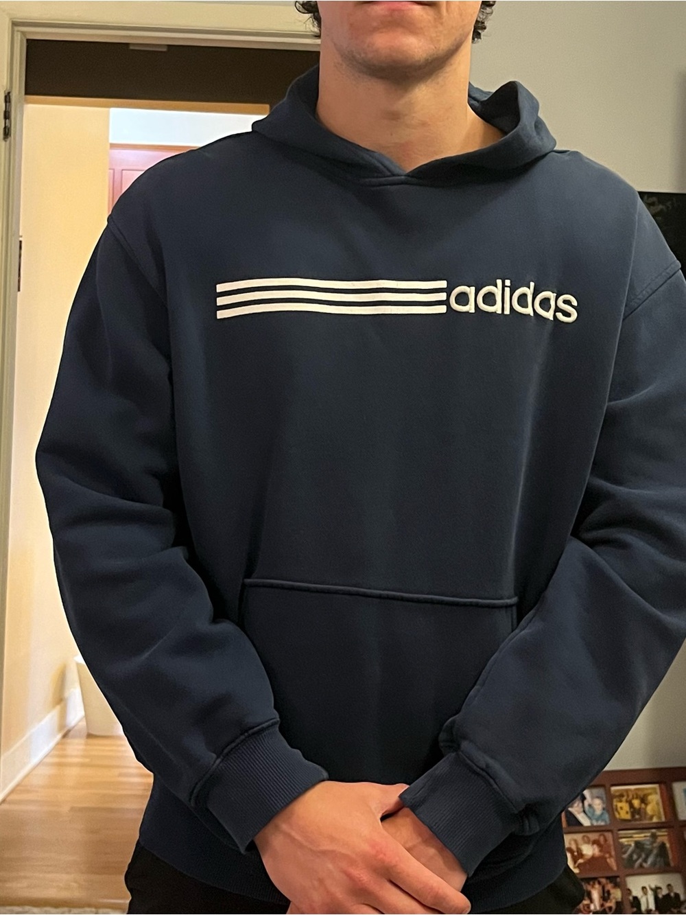 adidas Navy Pullover Hoodie with White Stripe Logo